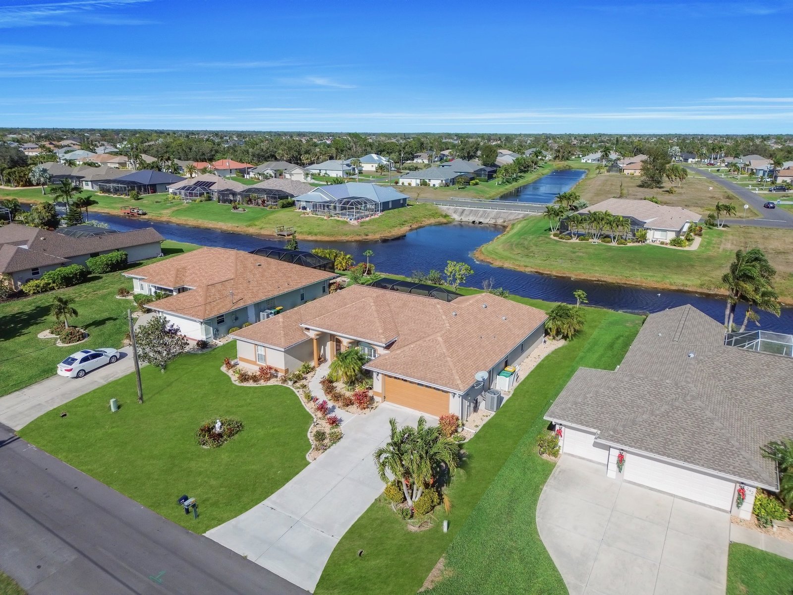 Aerial view of a Cape Coral residential neighborhood