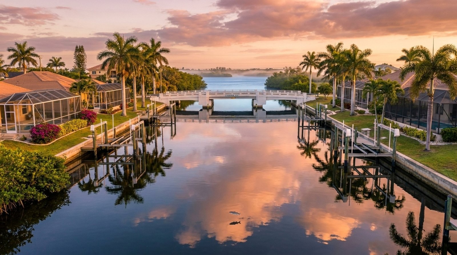 Cape Coral gulf access canal at sunrise