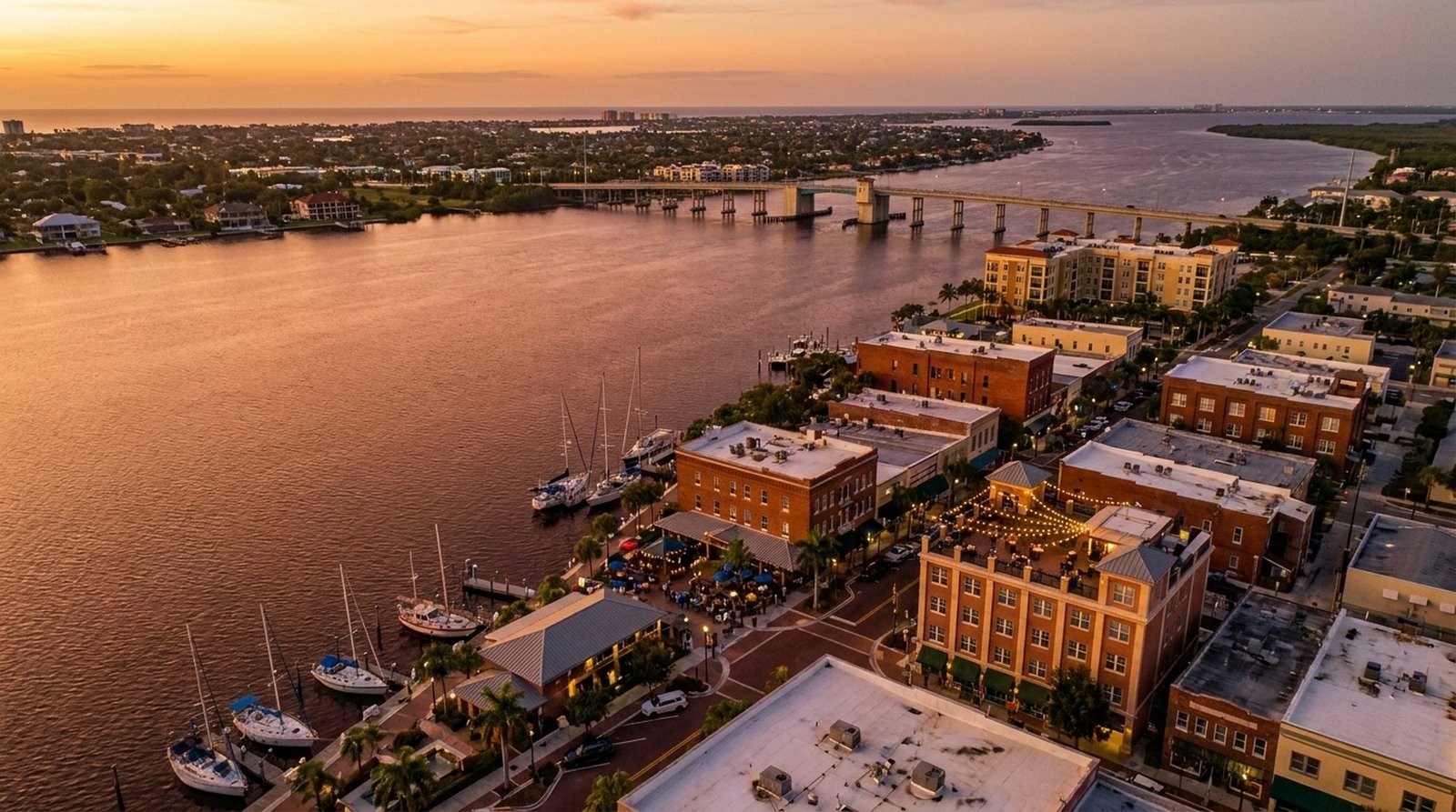 Fort Myers River District aerial at sunset