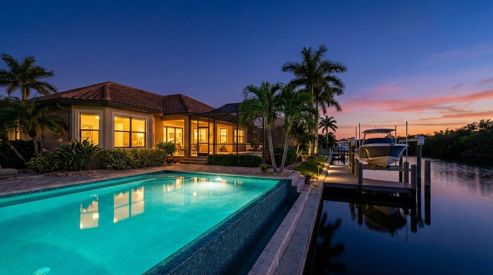 Luxury Cape Coral waterfront home at twilight